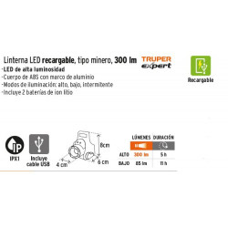 LINTERNA TIPO MINERO RECARGABLE 300 LUMENS