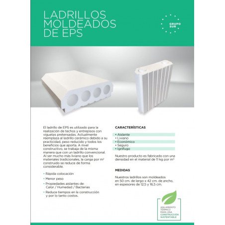 LADRILLO TELGOPOR MOLDEADO para losa con viguetas 12cm.x42cm.x1.00mt.