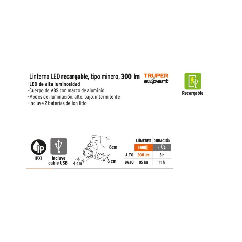 LINTERNA TIPO MINERO RECARGABLE 300 LUMENS