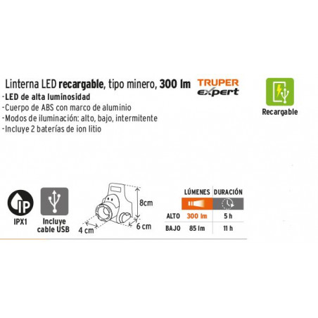 LINTERNA TIPO MINERO RECARGABLE 300 LUMENS