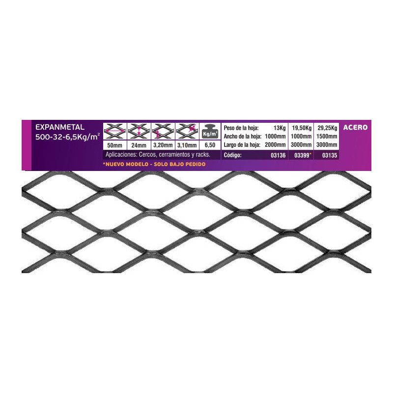 "EXPANMETAL" ACERO AL CARBONO 500.32-6.5KG/M2 1,0X2MTS.